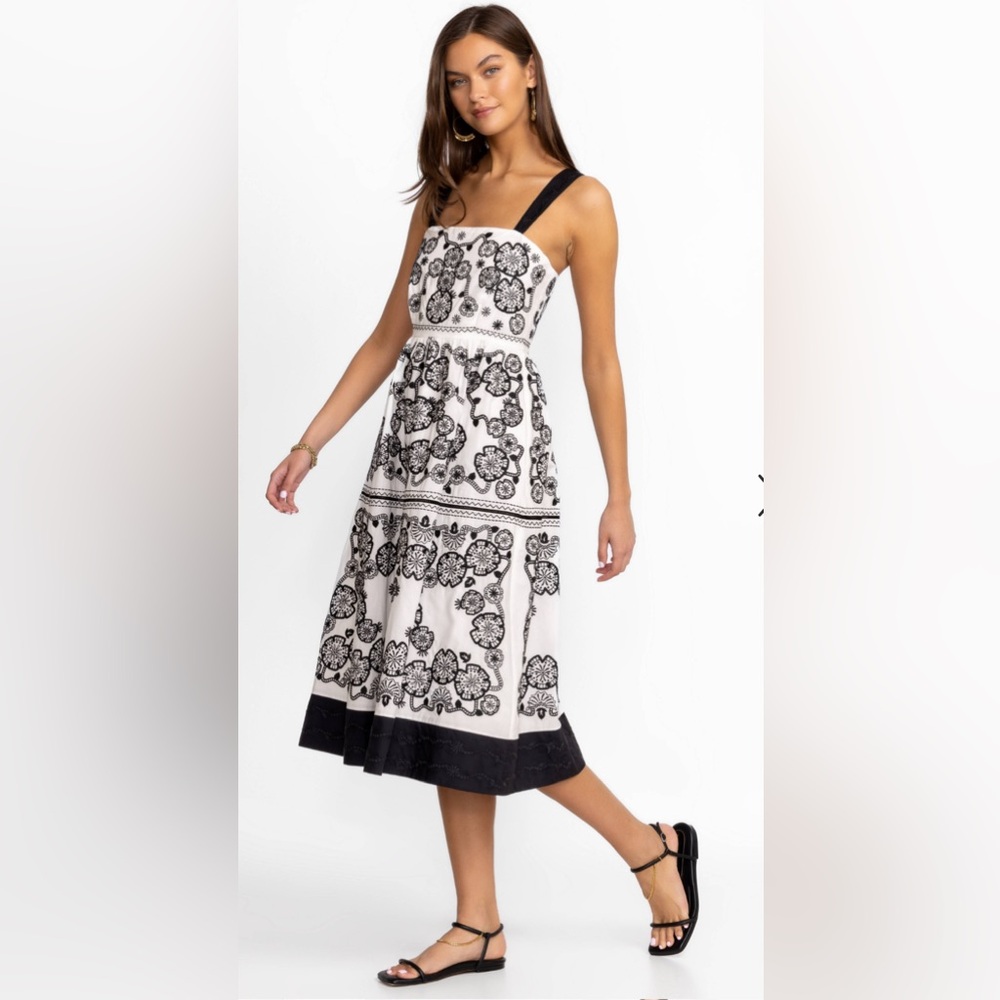 NWT JOHNNY WAS  Mel Embroidered Straps Midi Dress White-Black  XS $410